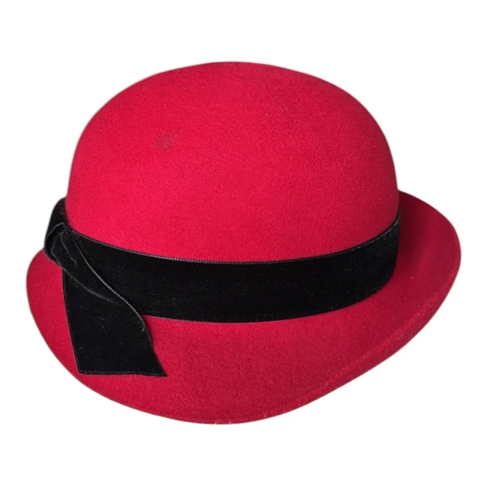 LAURA ASHLEY Vintage 80s Red Wool‎ Felt Hat Bowler Cloche UK Made Mother & Child